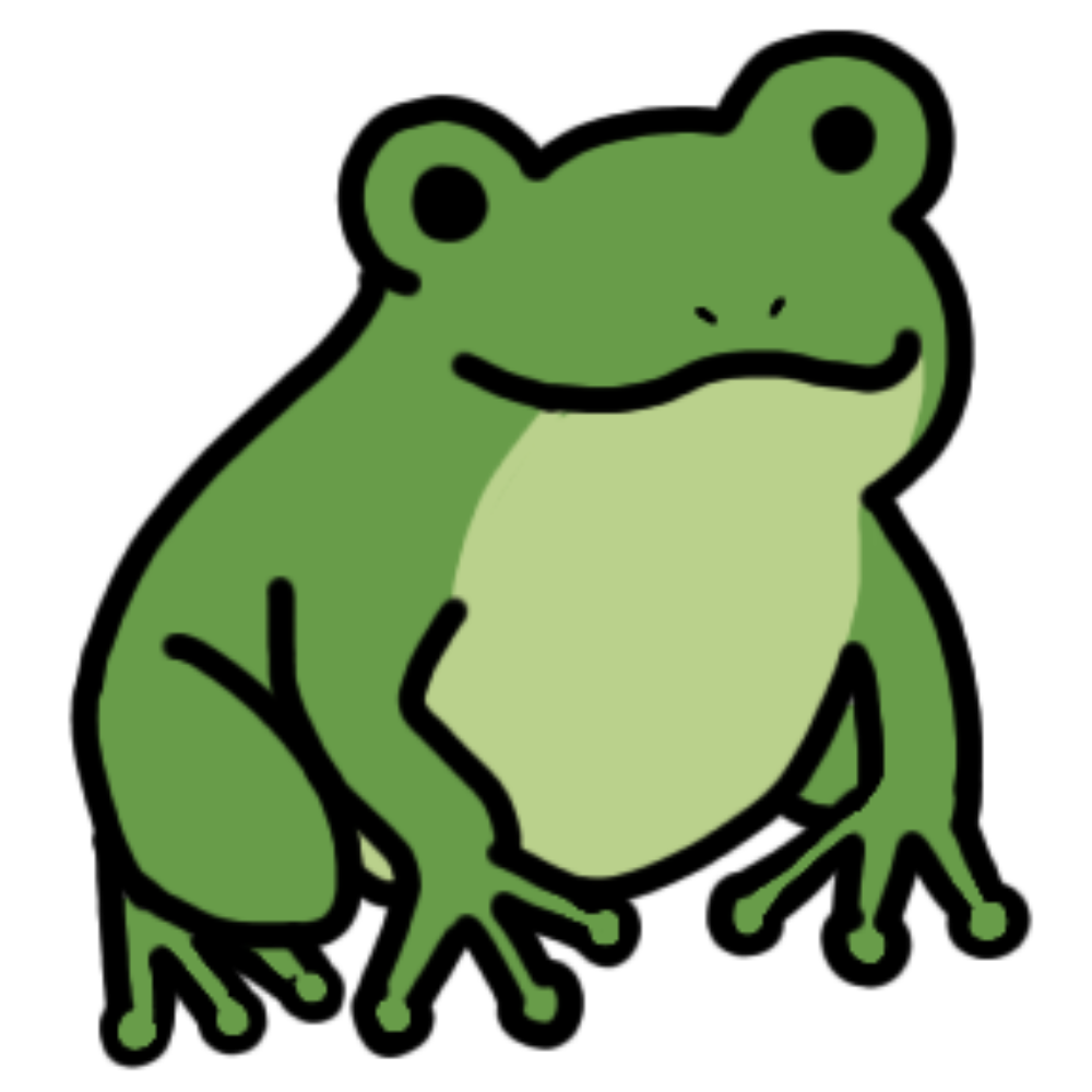 A basic green tree frog with a light green underbelly and a slightly smiling expression.